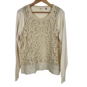 Knitted & Knotted Lace Crochet Front Overlay Sweater Ivory Women Size Large